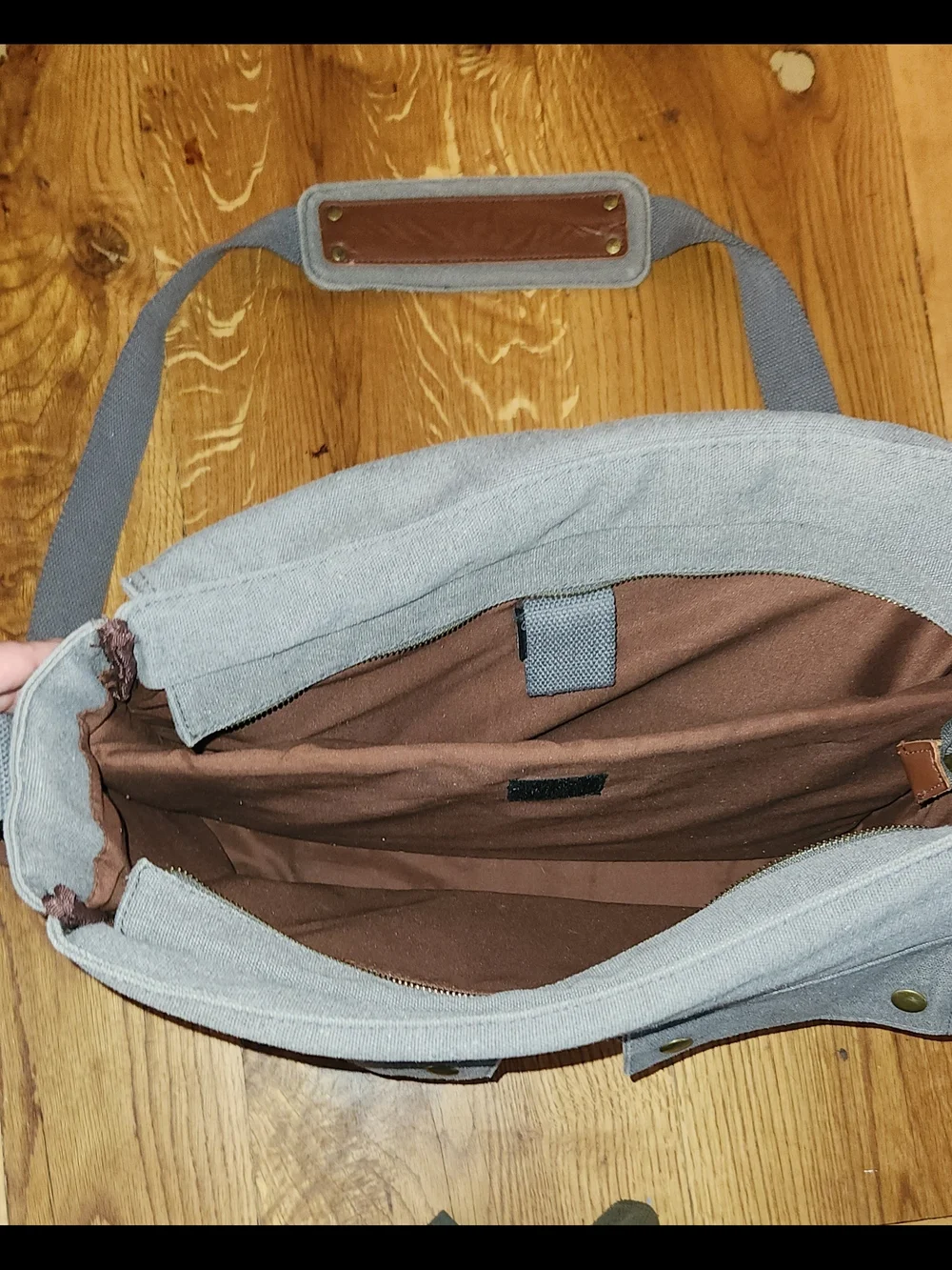 Canvas Messenger Bag with Brown Leather Trim - Gray Men's Shoulder Bag